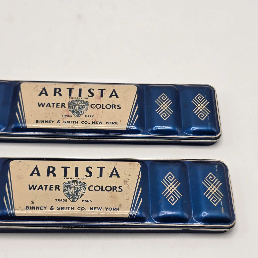 Watercolor Paint Tins Vintage Binney & Smith Artista Blue Metal Set of 2 Art - Picture 3 of 8